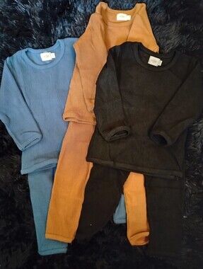 Kids Ribbed Long Sleeve Top & Legging Set - Black, Blue & Brown